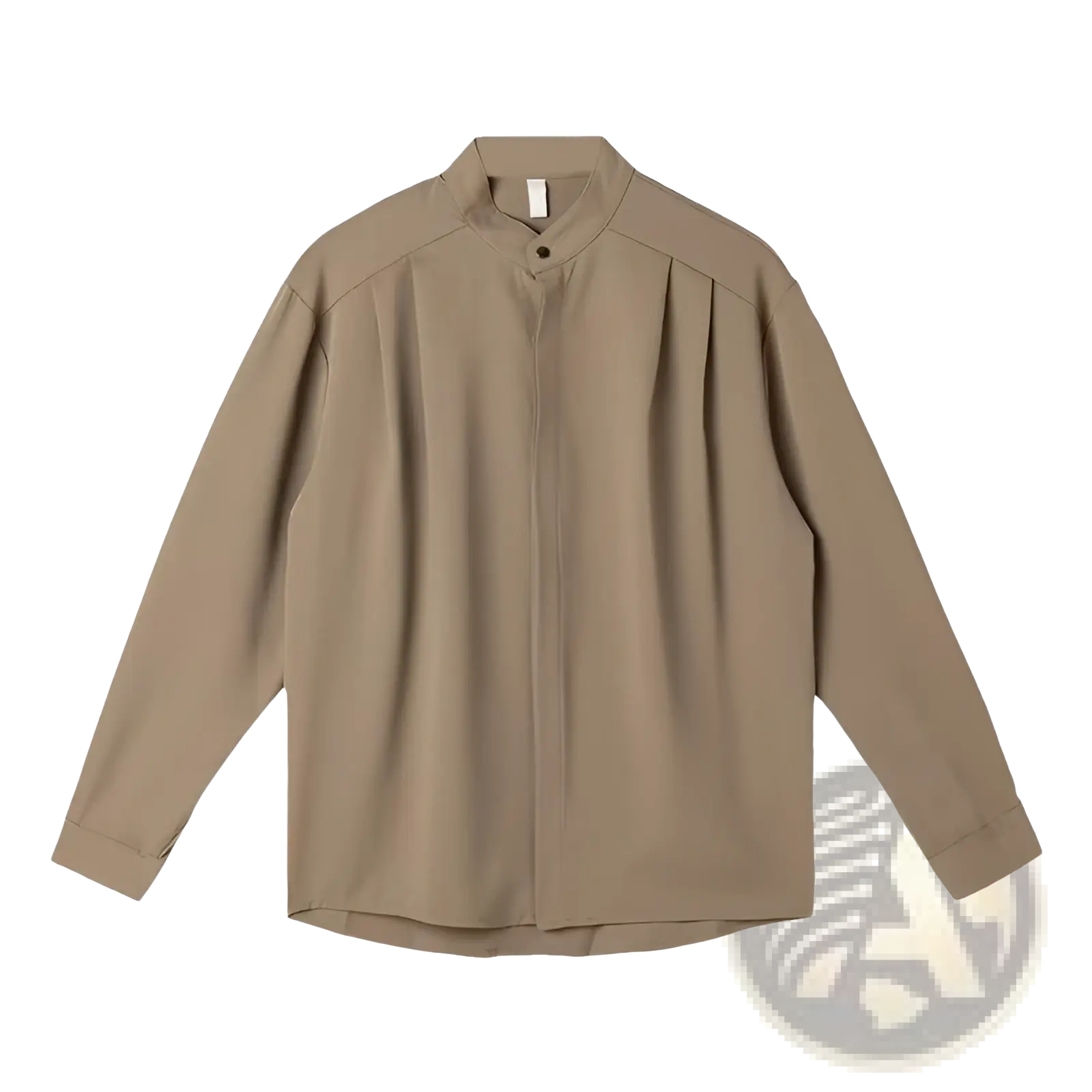 Beige long-sleeved men pleated stand collar shirt with subtle front pleats made from soft fabric for formal wear