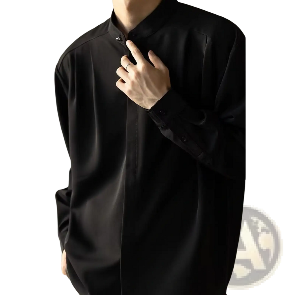 Men pleated stand collar shirt in black with long sleeves button up design and subtle sheen fabric