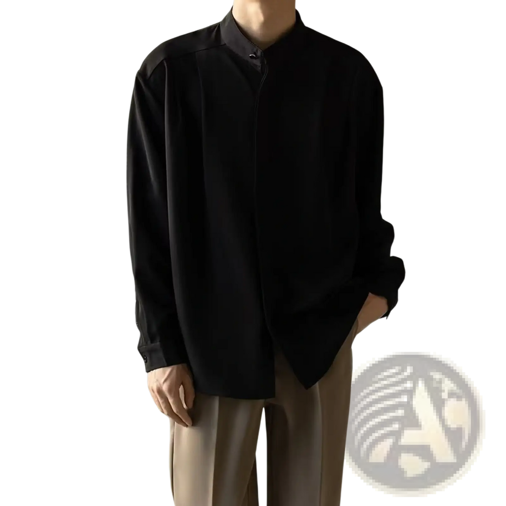 Men pleated stand collar shirt black long-sleeved button-up with relaxed fit and stand collar front view
