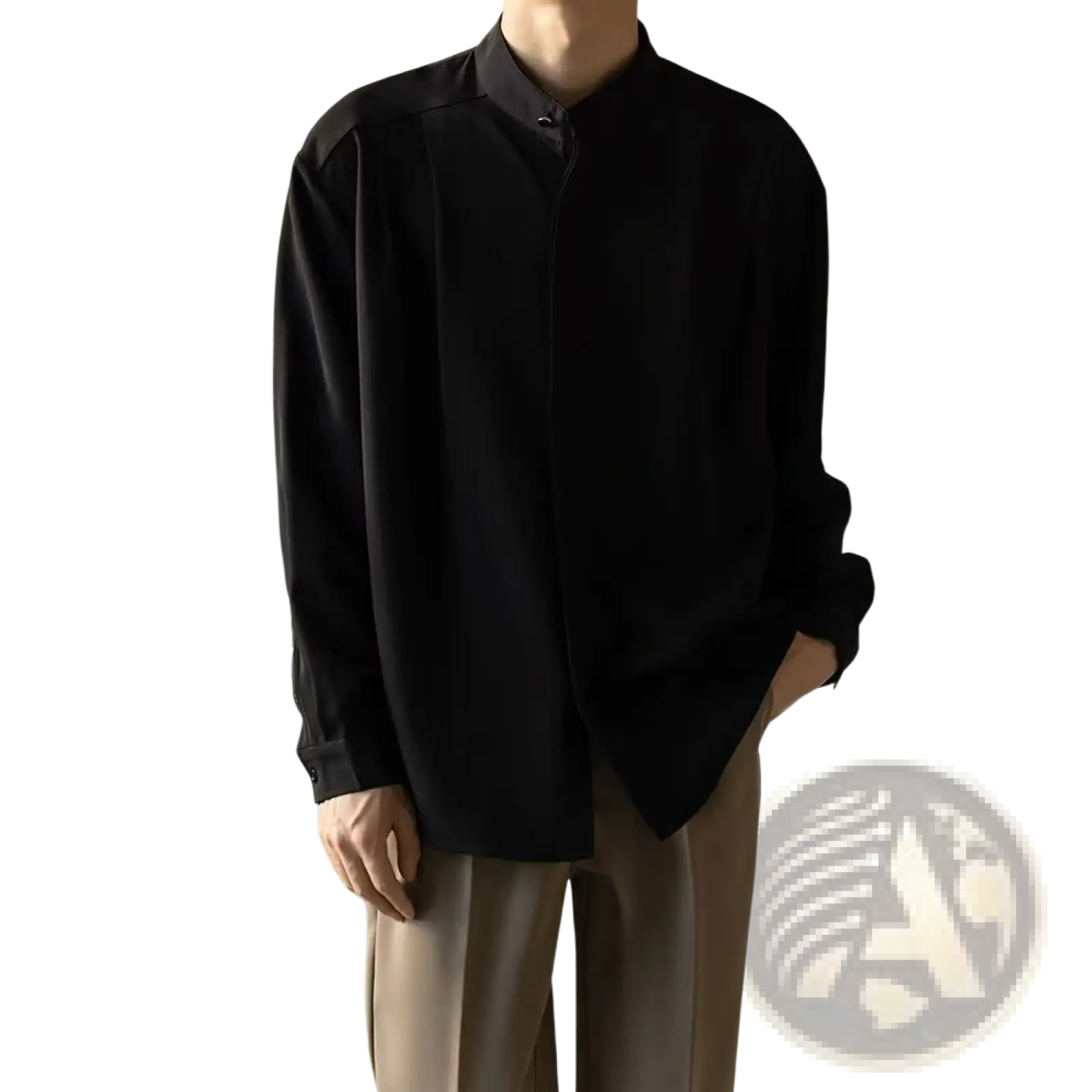 Men pleated stand collar shirt black long-sleeved button-up with relaxed fit and stand collar front view