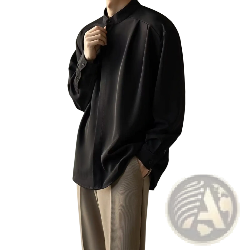 Men pleated stand collar shirt in black satin with long sleeves and buttoned cuffs for formal occasions