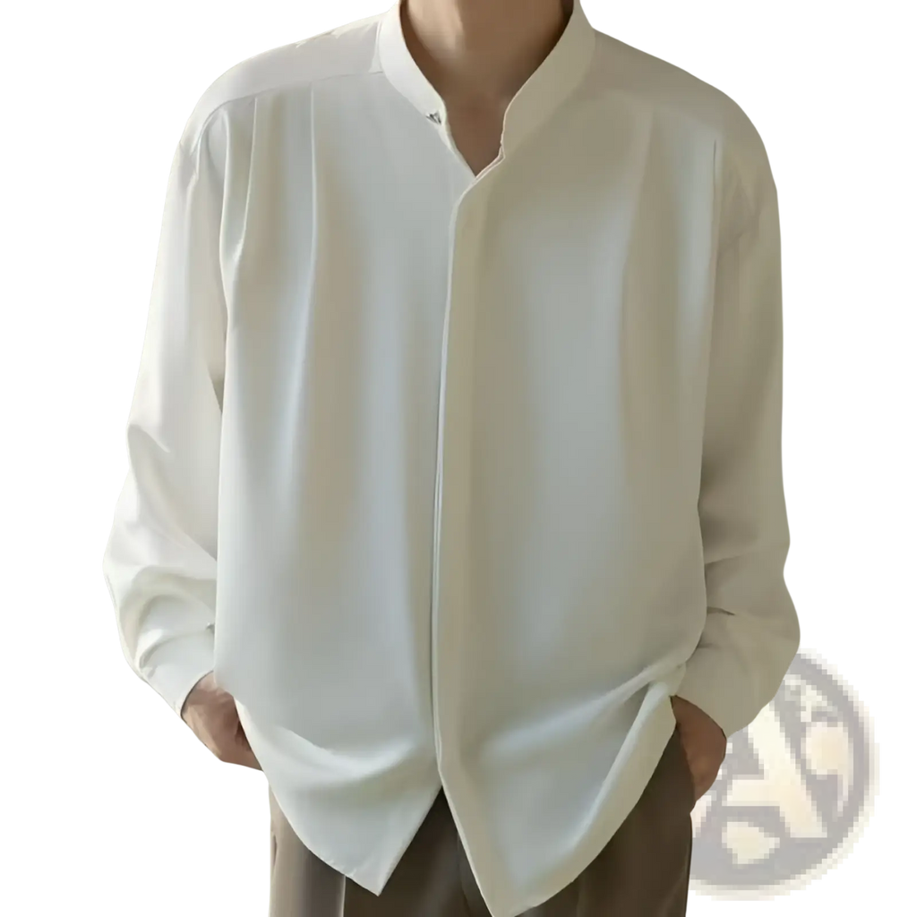 Men pleated stand collar shirt in crisp white long-sleeved fabric with subtle front pleats and mandarin collar