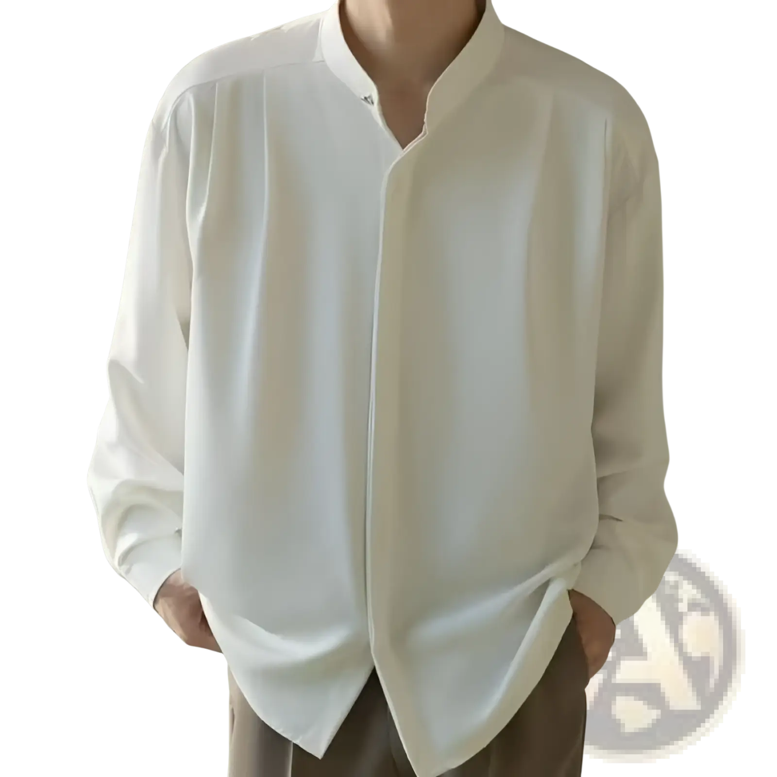 Men pleated stand collar shirt in crisp white long-sleeved fabric with subtle front pleats and mandarin collar