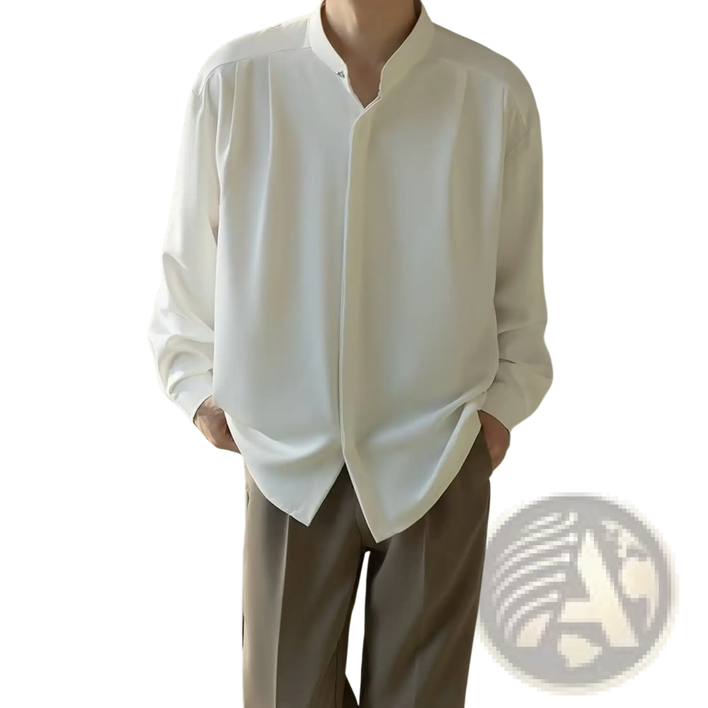 Men pleated stand collar shirt in off-white silk with sleek modern mandarin collar and subtle side seam detailing