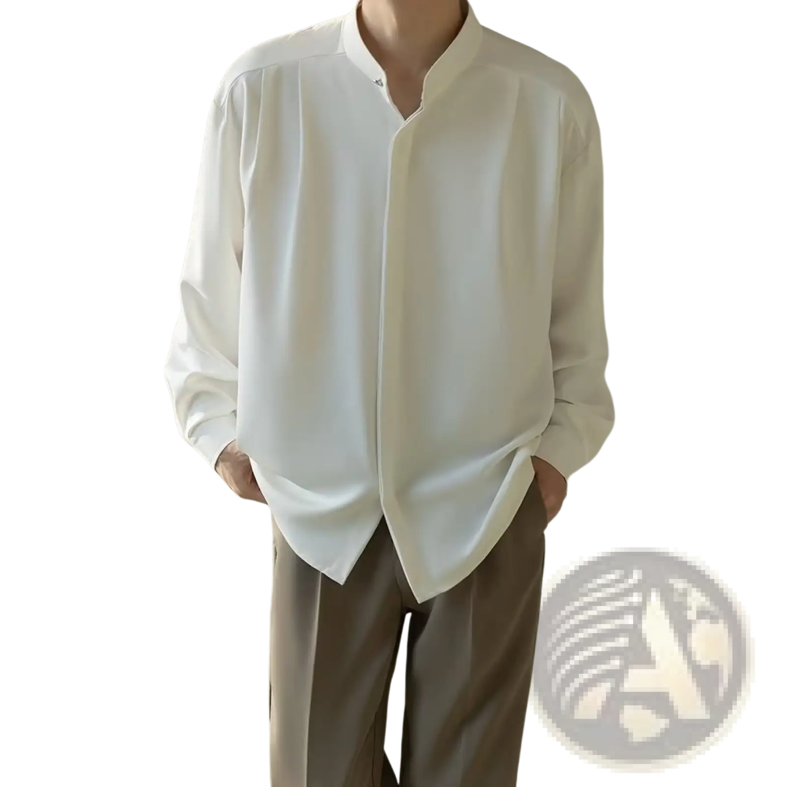 Men pleated stand collar shirt in off-white silk with sleek modern mandarin collar and subtle side seam detailing