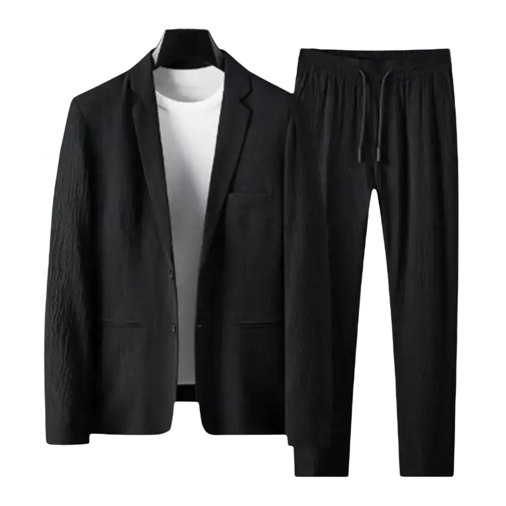 Black textured pleated blazer and matching drawstring pants set for men casual business two piece outfit