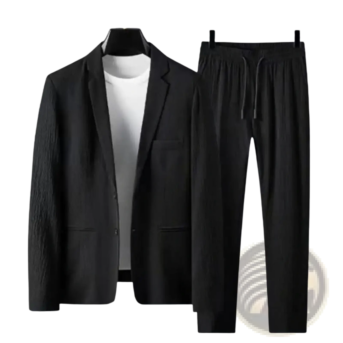 Men pleated black textured blazer and matching drawstring pants set casual business two piece outfit front view