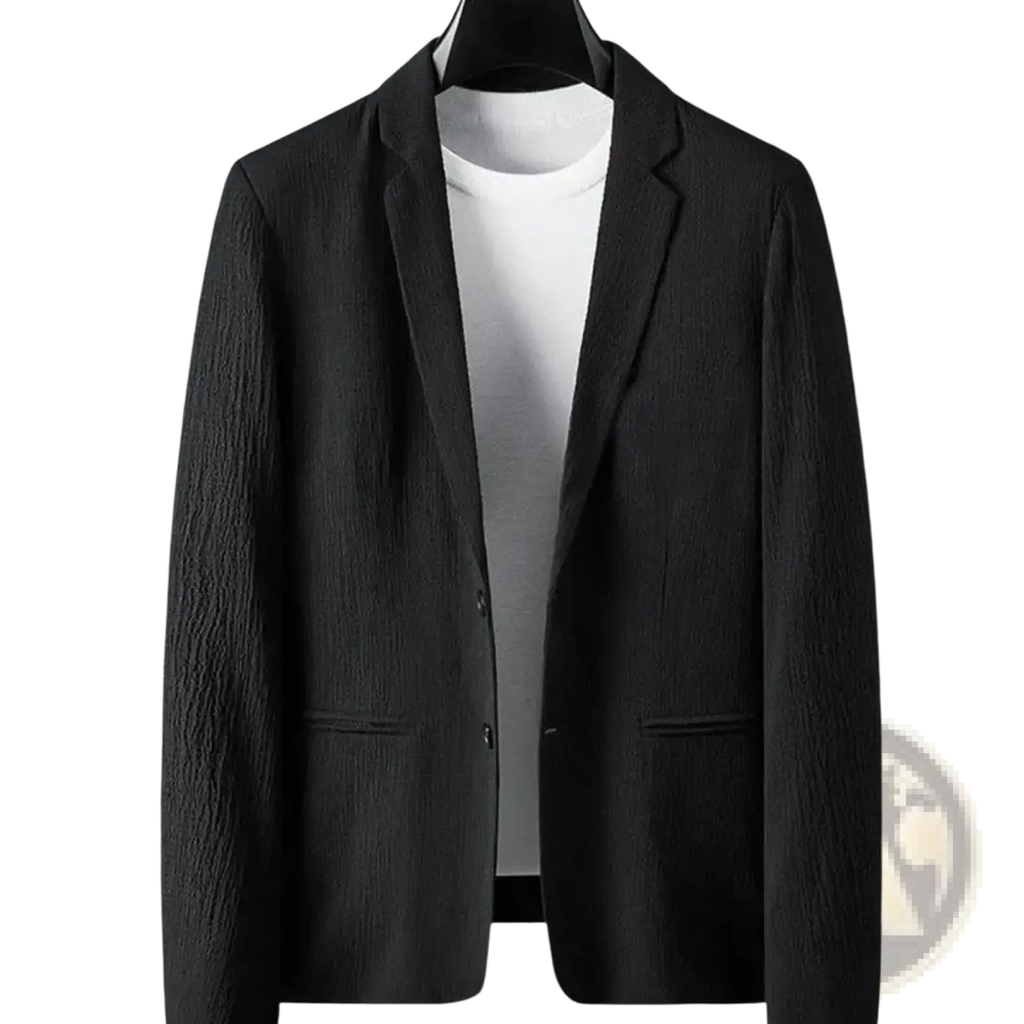 Black textured blazer with subtle crinkled fabric and classic two-button closure in men pleated suit set casual business outfit