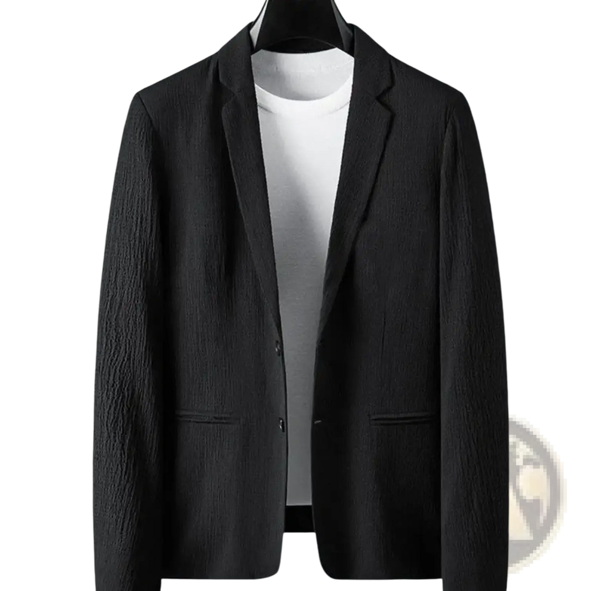 Black textured blazer with subtle crinkled fabric and classic two-button closure in men pleated suit set casual business outfit