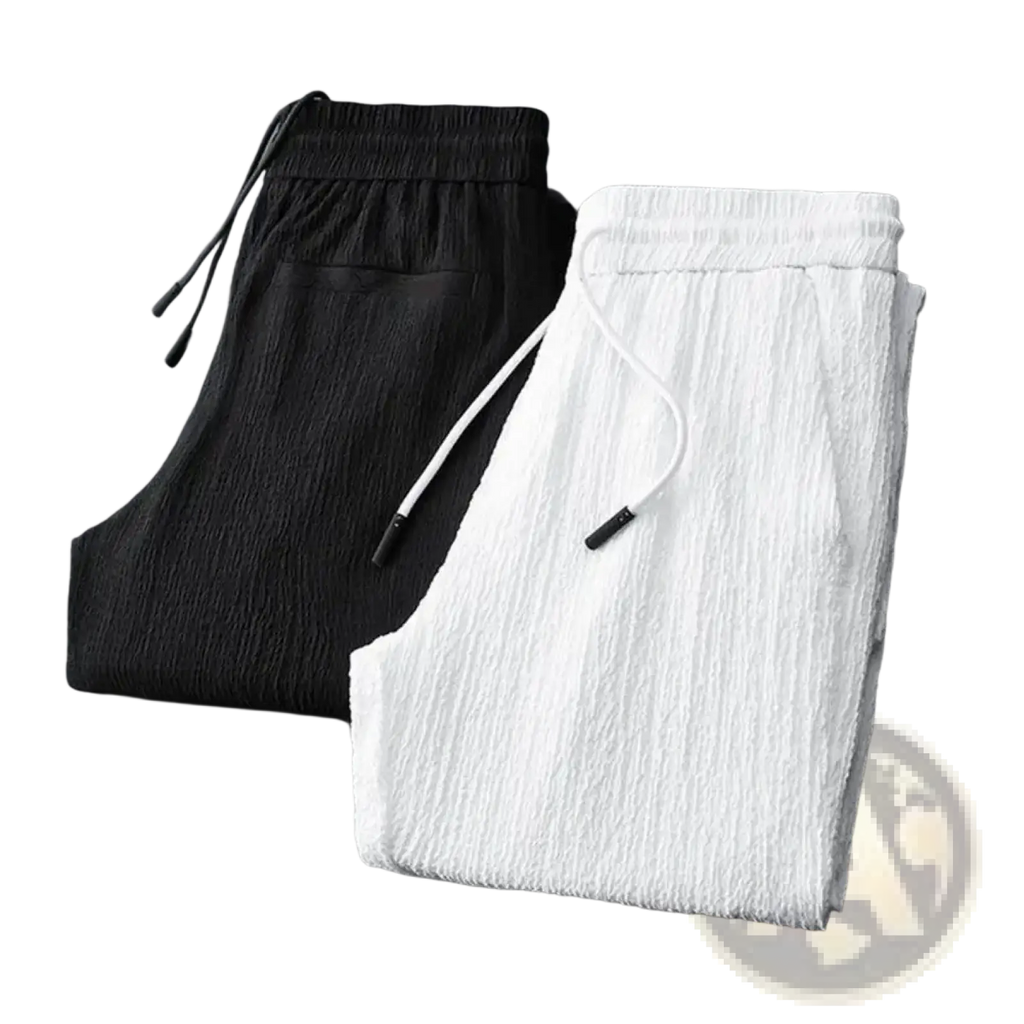 Men pleated suit set casual business drawstring pants in black and white textured fabric with ribbed waistbands