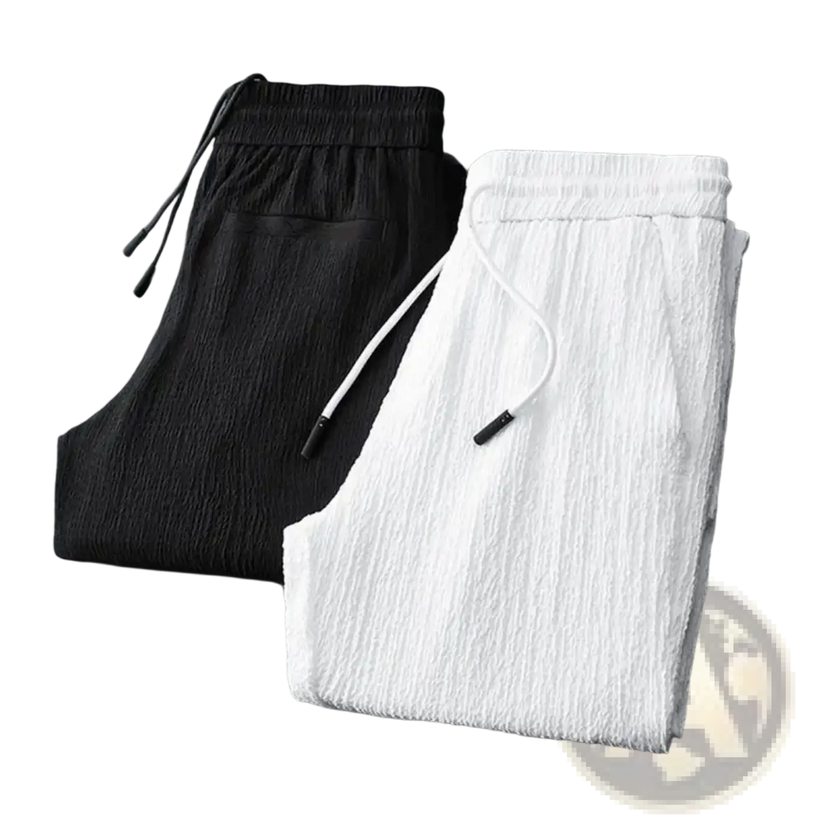 Men pleated suit set casual business drawstring pants in black and white textured fabric with ribbed waistbands