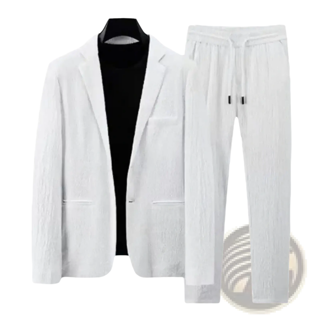 Men pleated suit set casual business two piece outfit featuring white textured linen blazer and matching jogger pants