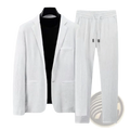 Men pleated suit set casual business two piece outfit featuring white textured linen blazer and matching jogger pants