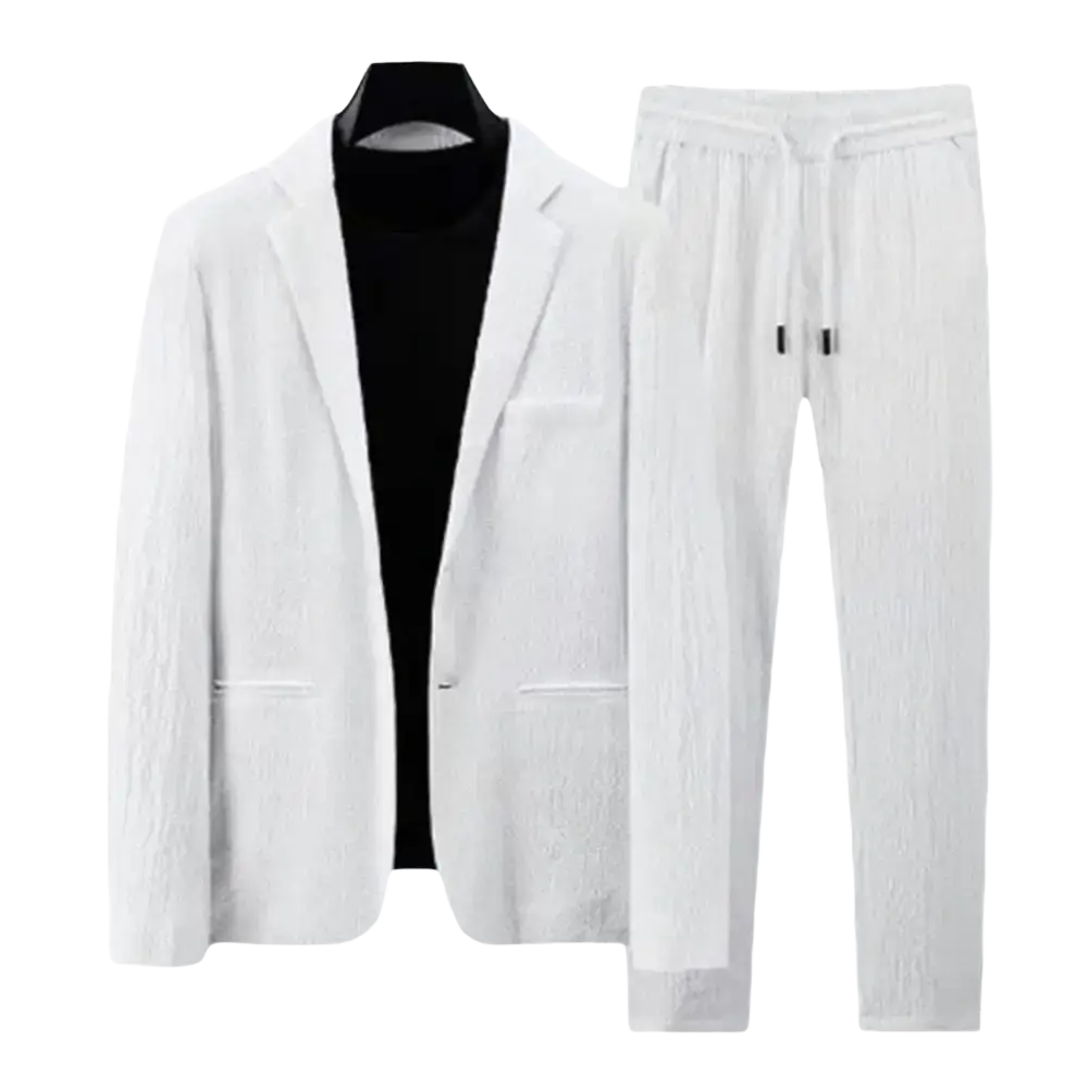 Men pleated suit set casual business two piece outfit featuring white textured linen blazer and matching jogger pants