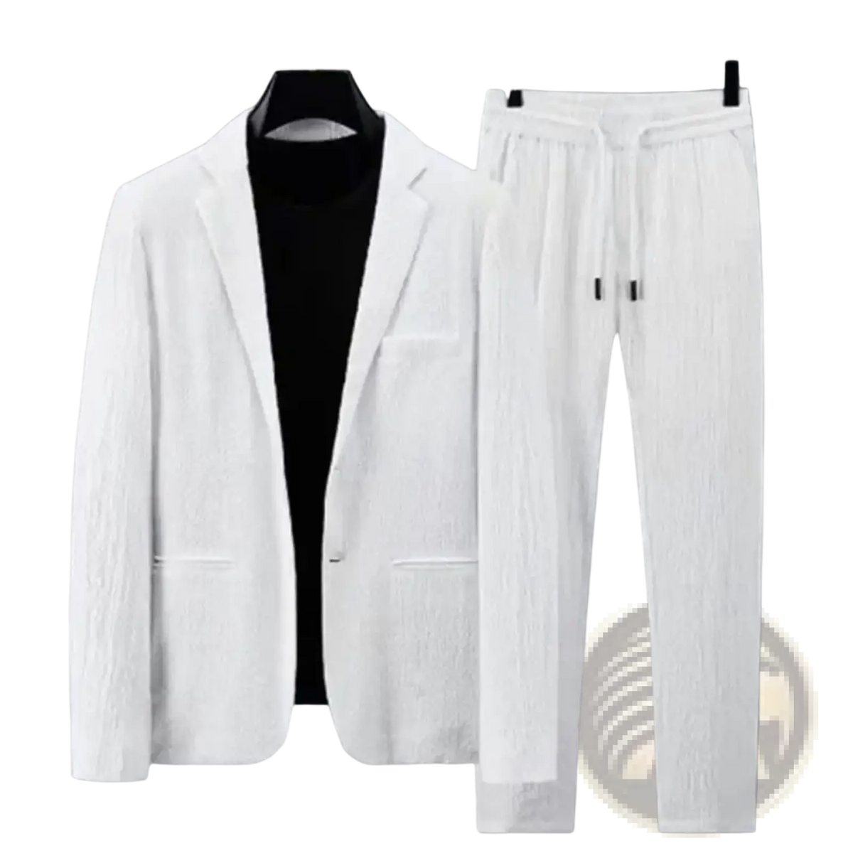 Men pleated white textured linen suit set with blazer and matching drawstring pants for casual business wear