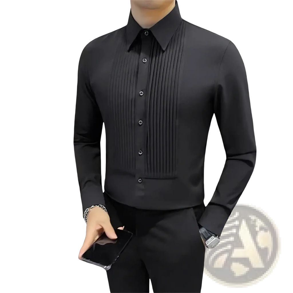 Black pleated slim fit tuxedo dress shirt with button-down front designed for formal occasions
