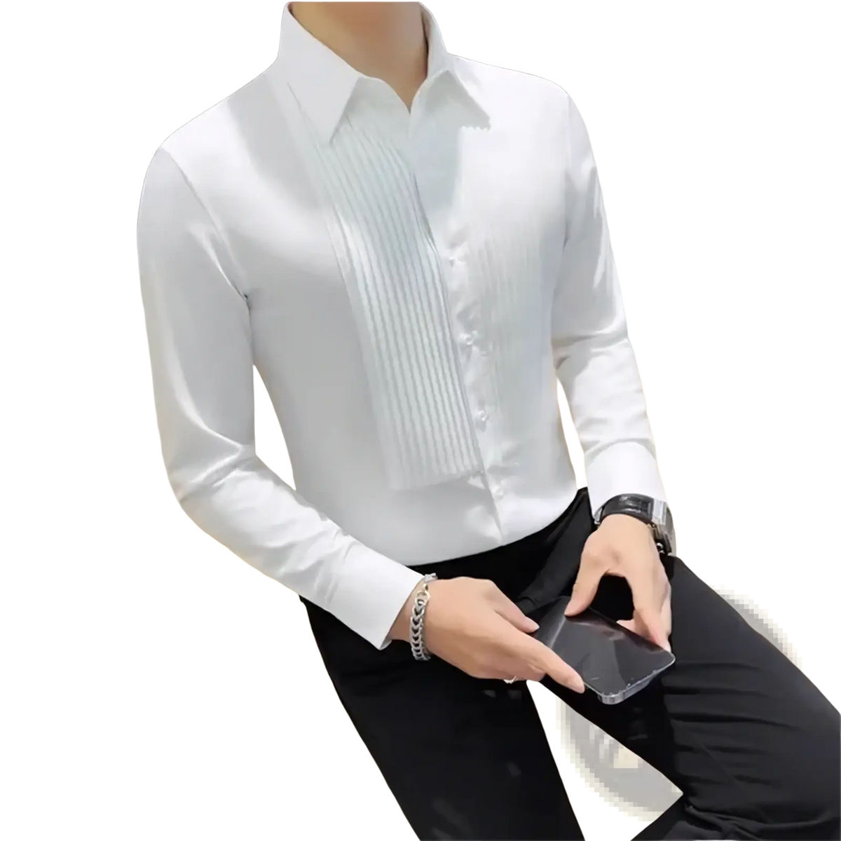 Men pleated tuxedo dress shirt slim fit white long-sleeved with pleated front panel for formal occasions