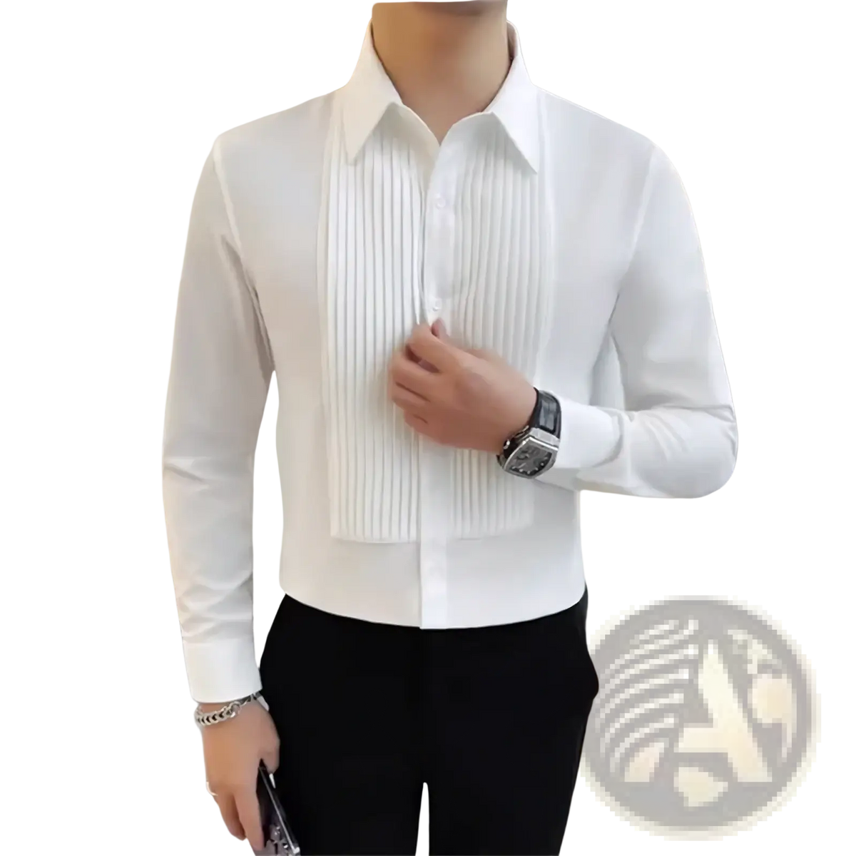 Men pleated tuxedo dress shirt slim fit formal white long-sleeved with pleated front panel and classic collar