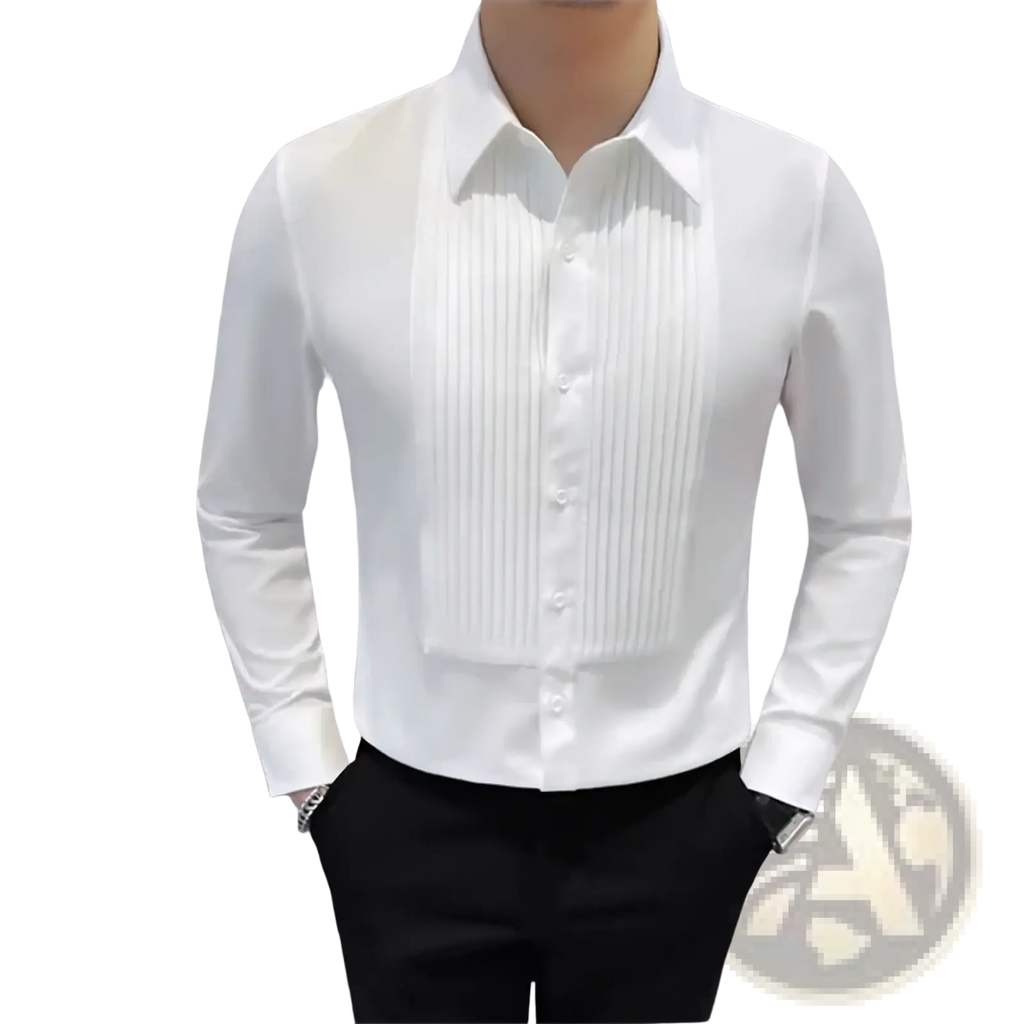 Men pleated tuxedo dress shirt slim fit formal with white pleated front crisp collar and long sleeves