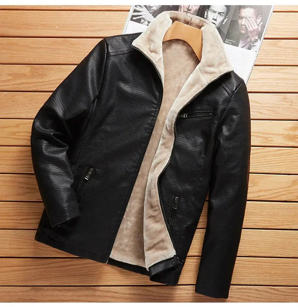 Men’s plus size black faux leather jacket with plush beige fleece lining and front zipper pockets