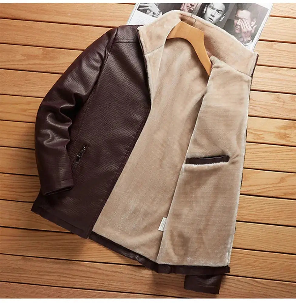 Men’s plus size dark brown faux leather jacket with plush beige shearling lining and black zipper details