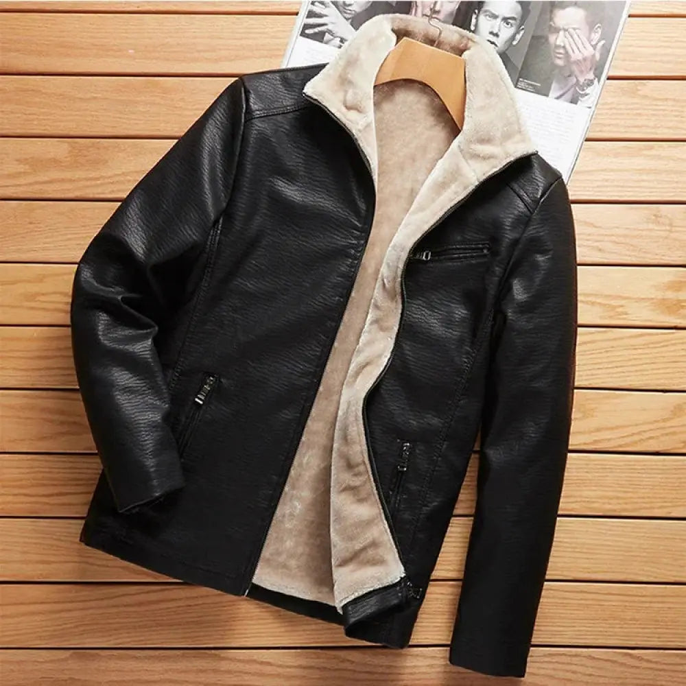 Men’s plus size black faux leather jacket with plush beige fleece lining and front zipper pockets