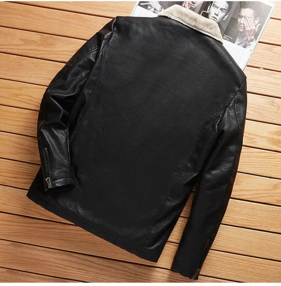 Men’s plus size black faux leather jacket with contrasting light beige plush fleece collar and lining visible