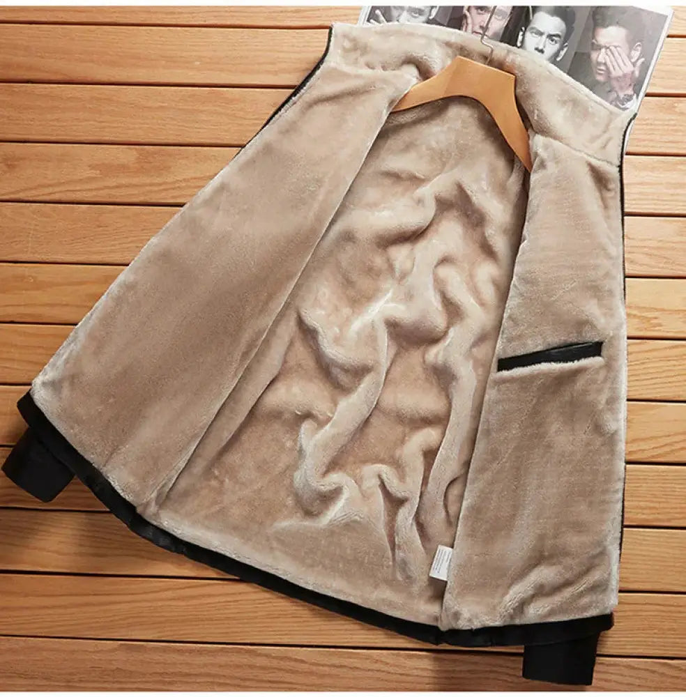 Beige men’s plus size faux leather jacket with plush fleece lining black trim and front pocket