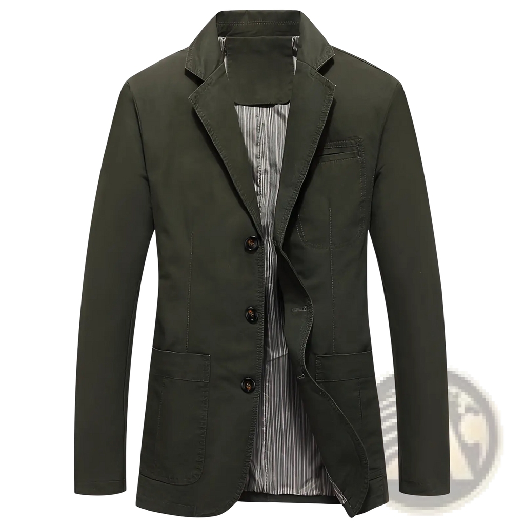 Men plus size cotton casual blazer in dark olive green with striped inner lining and three dark buttons