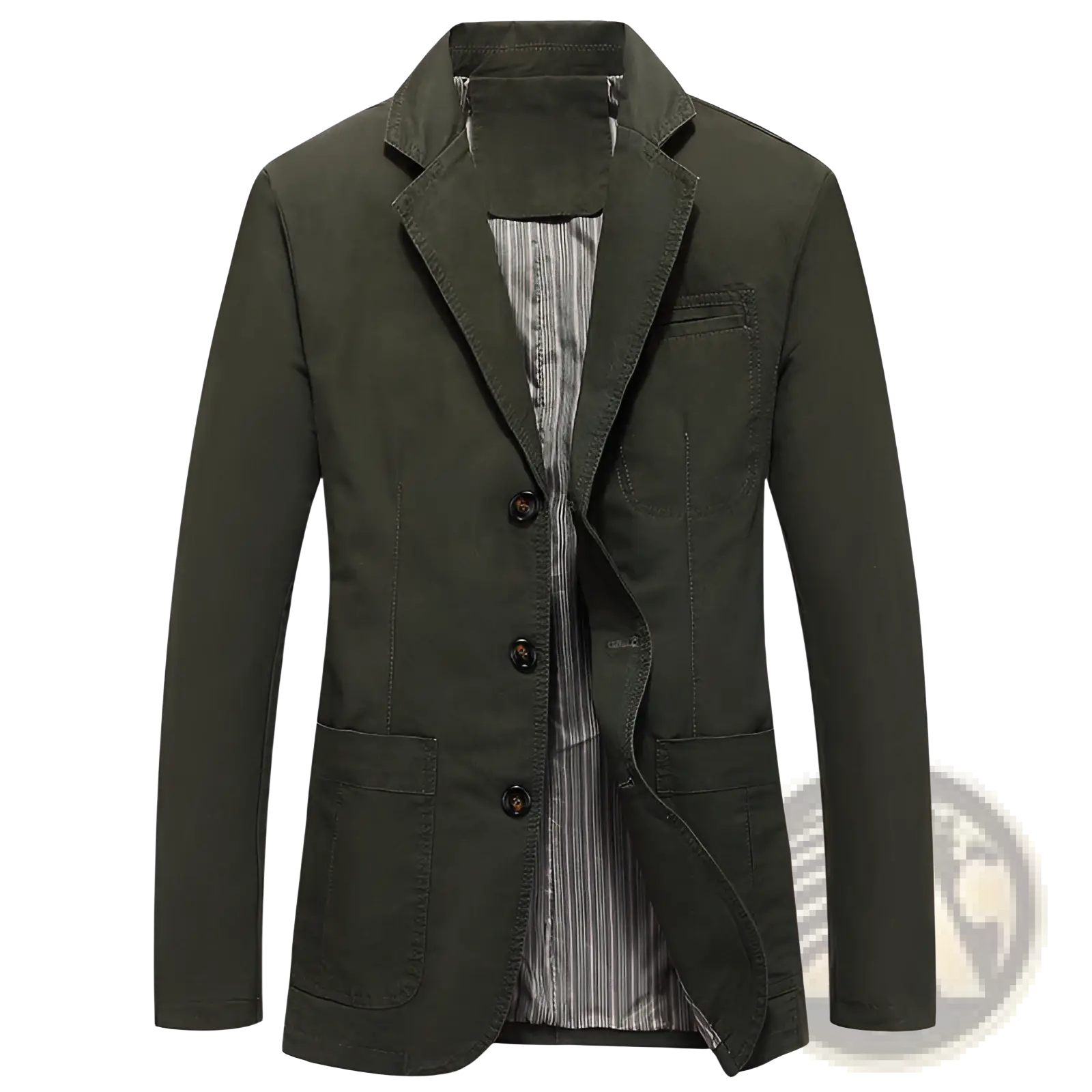 Men plus size cotton casual blazer in dark olive green with striped inner lining and three dark buttons