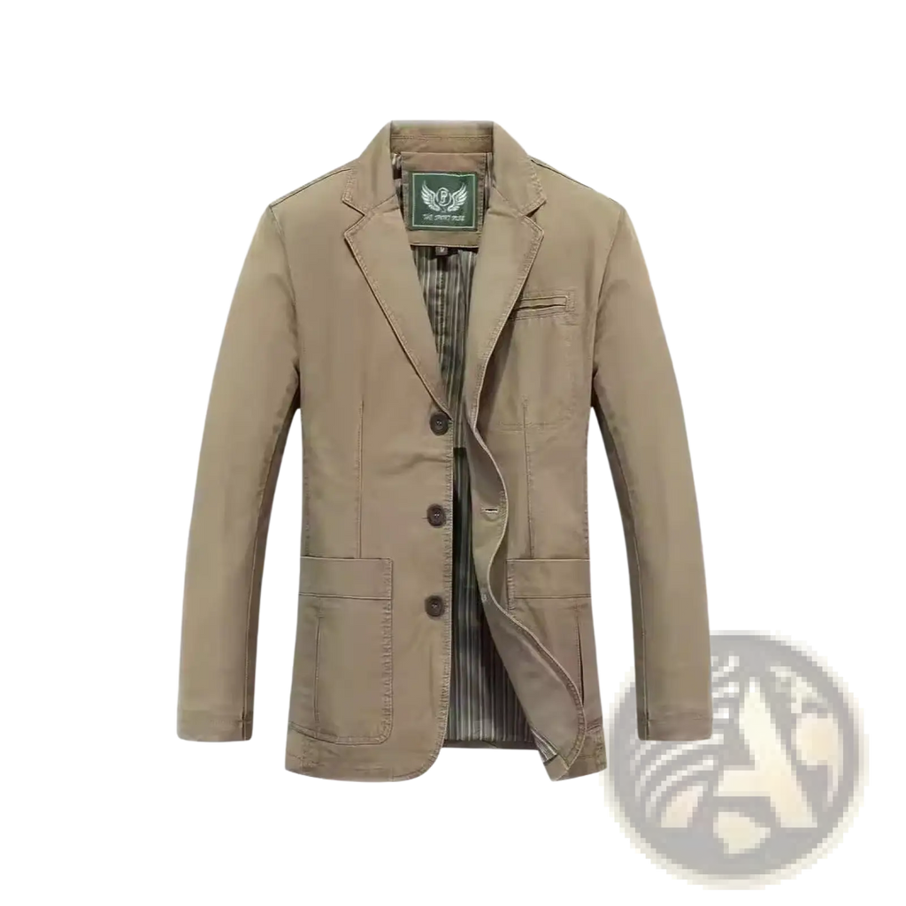 Men plus size beige cotton casual blazer with three dark buttons and green brand tag at the collar