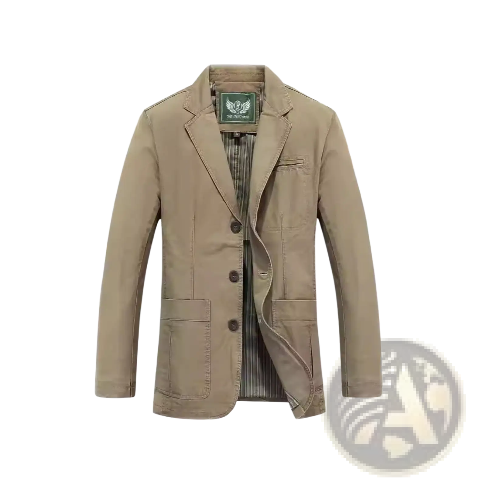 Men plus size beige cotton casual blazer with three dark buttons and green brand tag at the collar