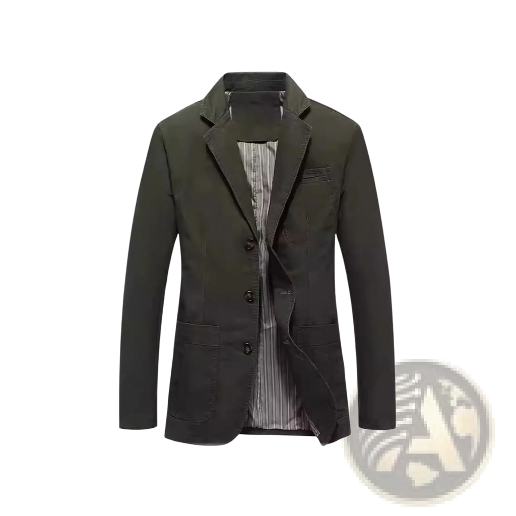 Dark olive green men plus size cotton casual blazer with subtle textured fabric and contrasting striped inner lining