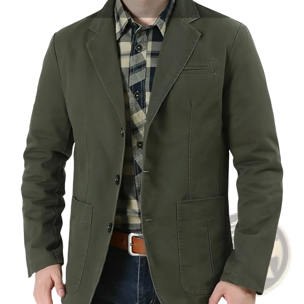 Men plus size olive green cotton casual blazer with flap pockets and black buttons for a stylish look
