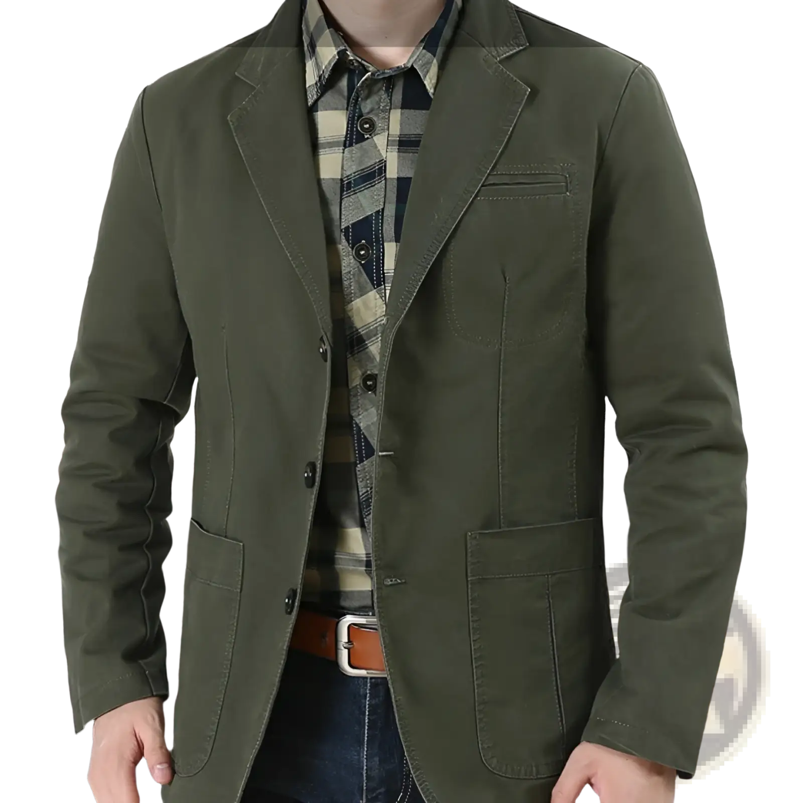 Men plus size olive green cotton casual blazer with flap pockets and black buttons for a stylish look