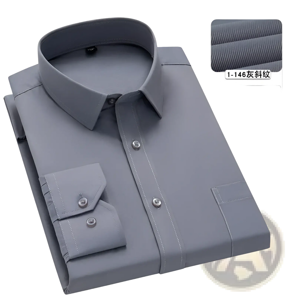Men plus size cotton long sleeve formal dress shirt in sleek gray with subtle diagonal weave and silver buttons