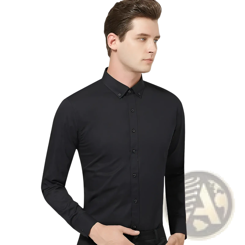 Men plus size black cotton long sleeve formal dress shirt with classic collar and subtle texture visible in front view