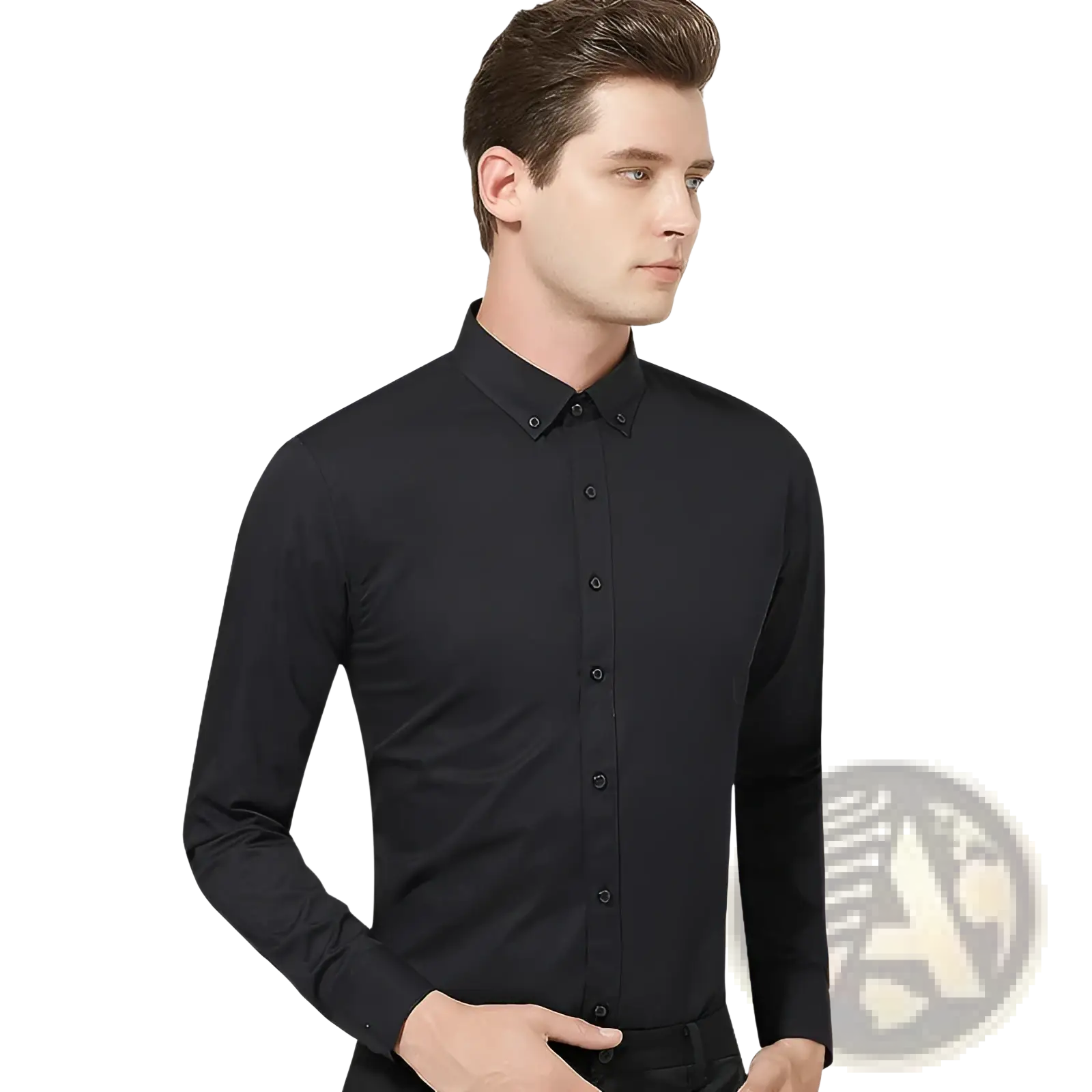 Men plus size black cotton long sleeve formal dress shirt with classic collar and subtle texture visible in front view