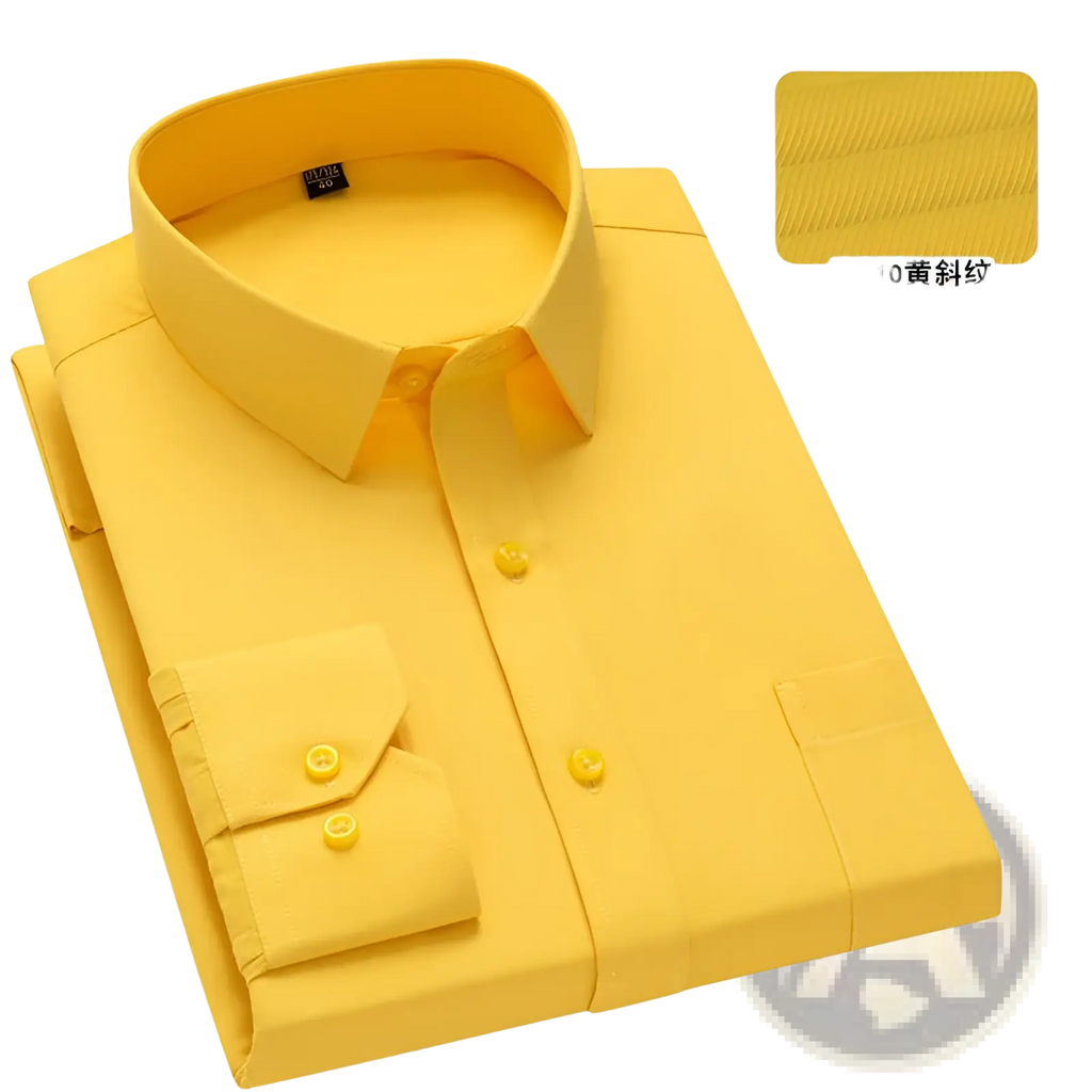 Men plus size bright yellow cotton long sleeve formal dress shirt with subtle diagonal weave pattern and matching buttons