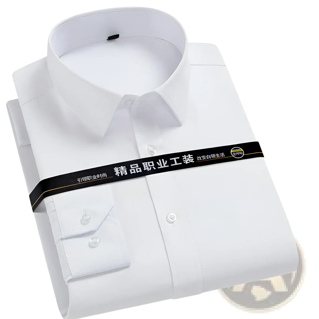 A crisp white men plus size cotton long sleeve formal dress shirt with classic collar and buttoned cuffs neatly folded