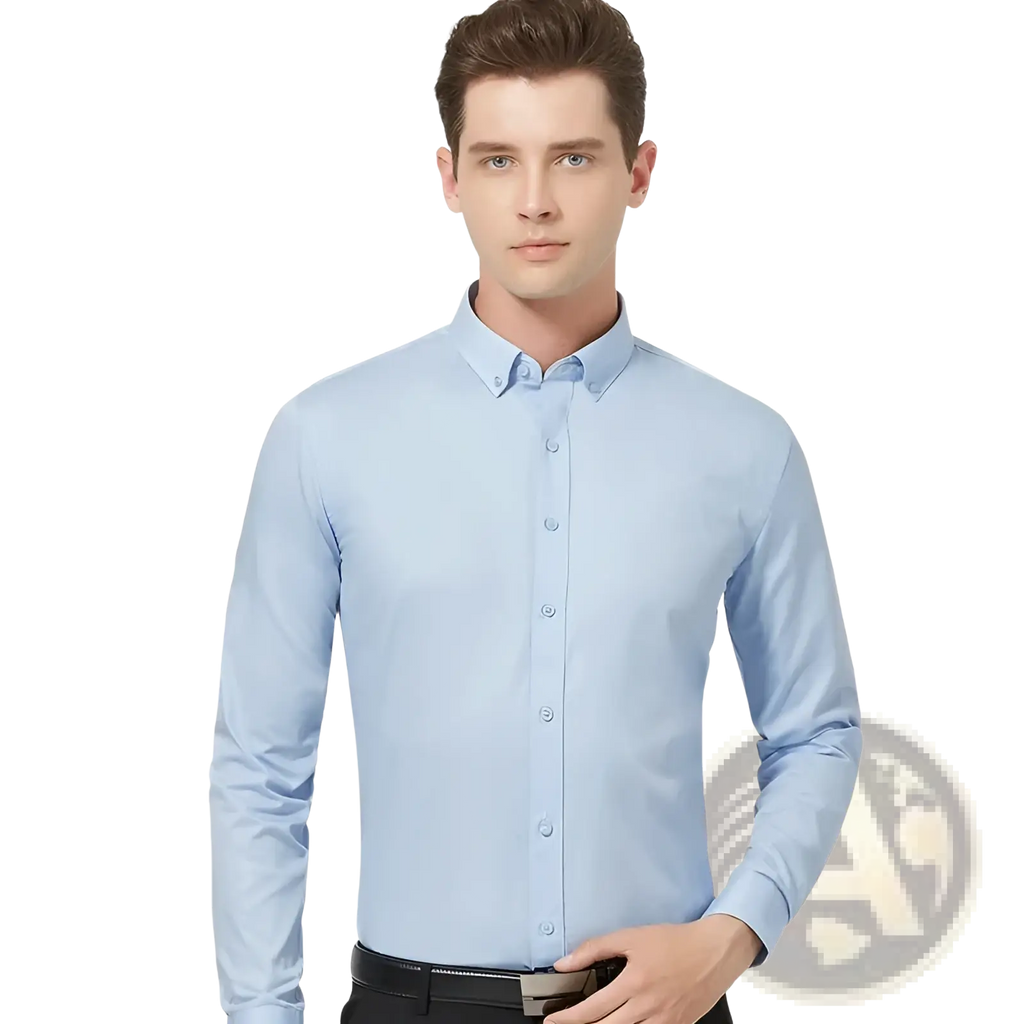 Men plus size light blue cotton long sleeve formal dress shirt with classic collar and neatly pressed fabric