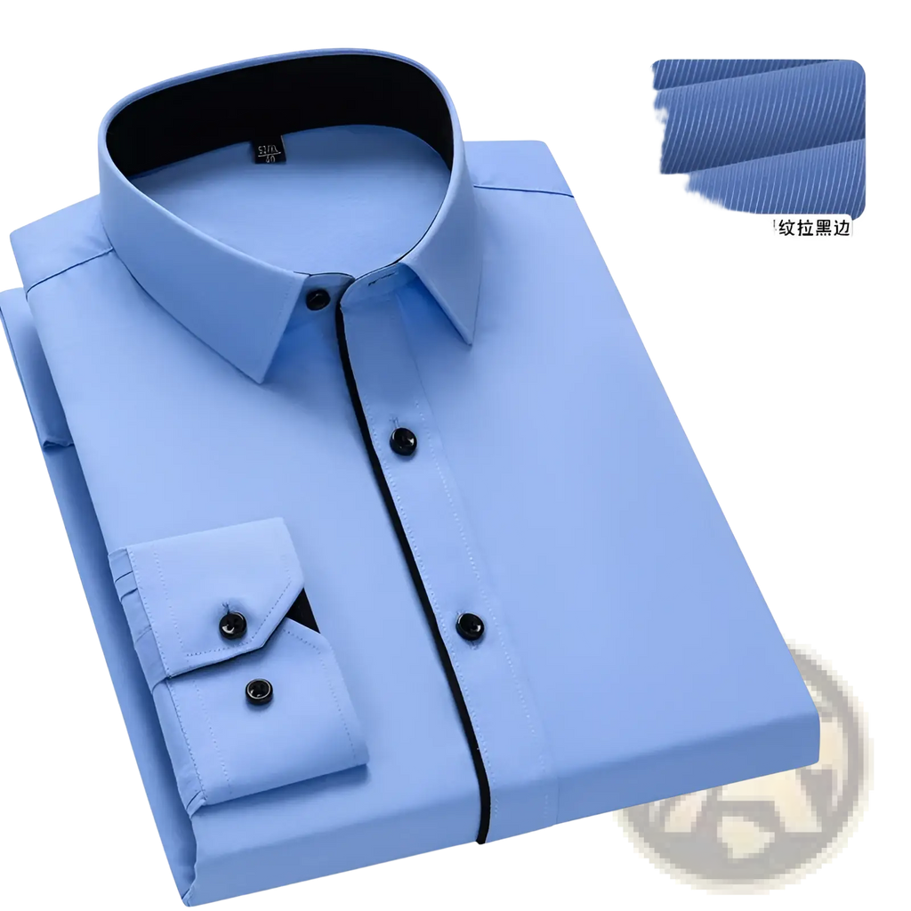 Men plus size cotton long sleeve formal dress shirt in light blue with diagonal ribbing and black trim detailing