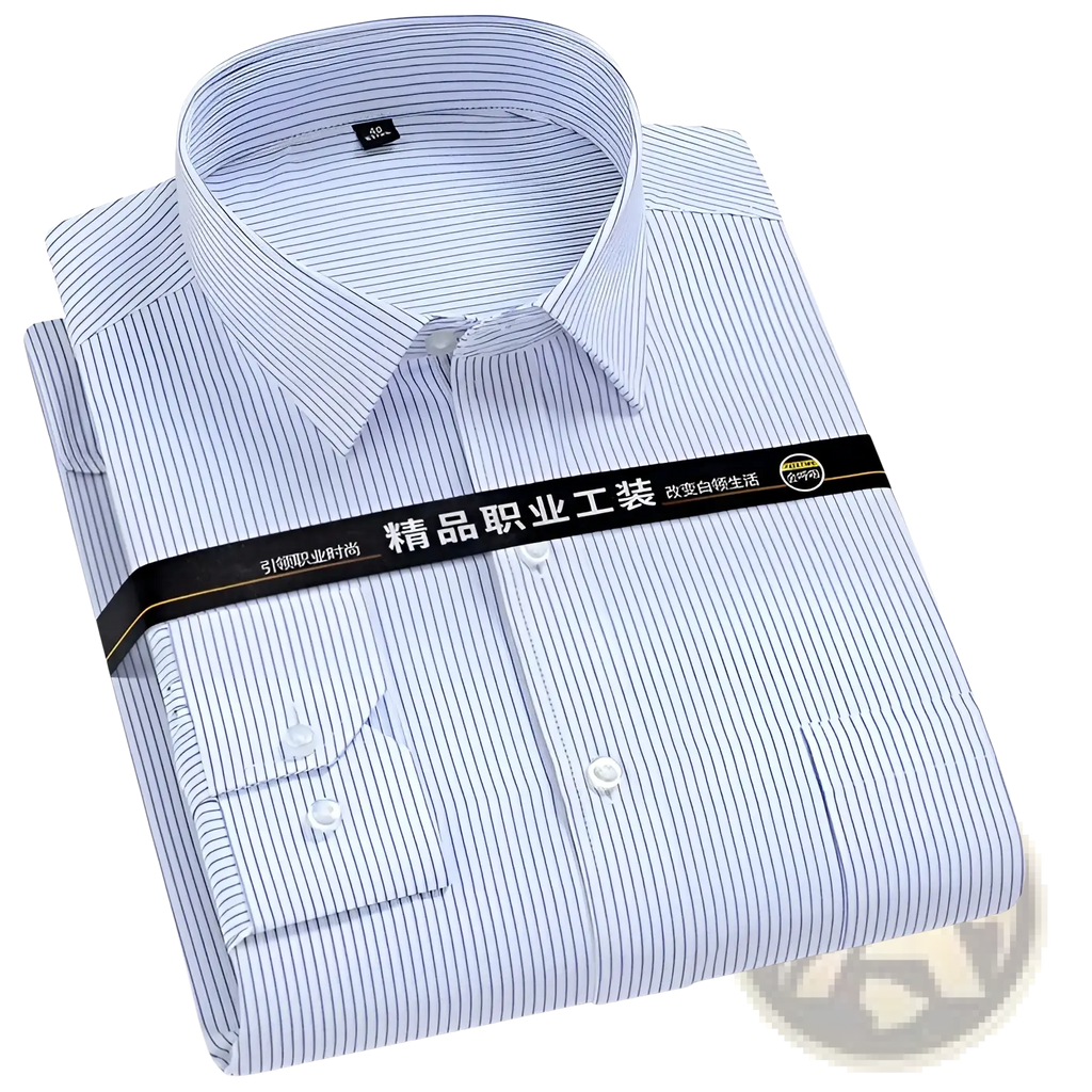Men plus size cotton long sleeve formal dress shirt with light blue and white vertical stripes and classic collar