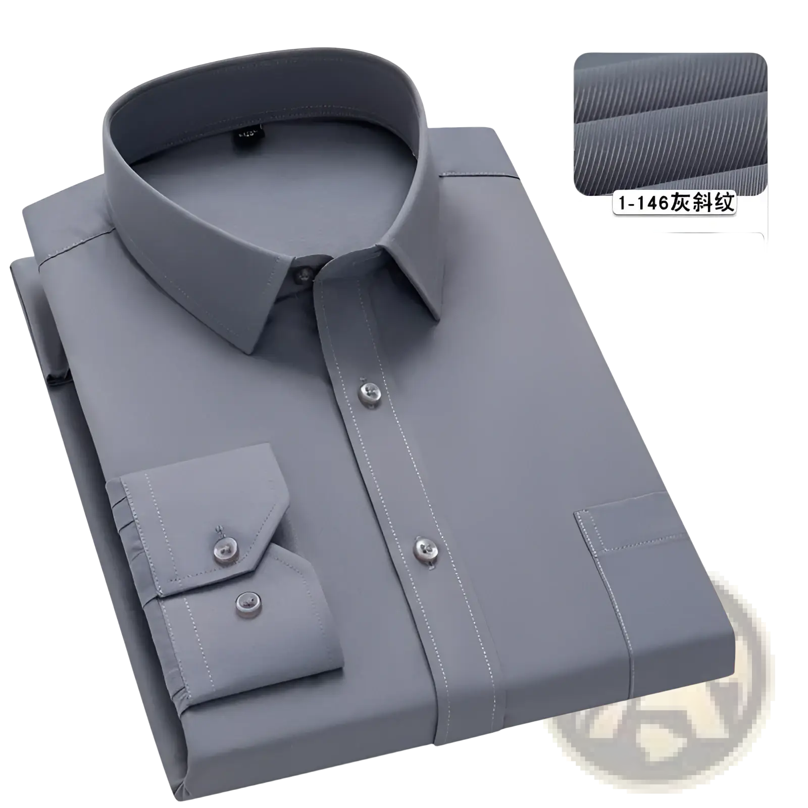 Men plus size gray cotton long sleeve formal dress shirt with subtle diagonal weave and silver buttons