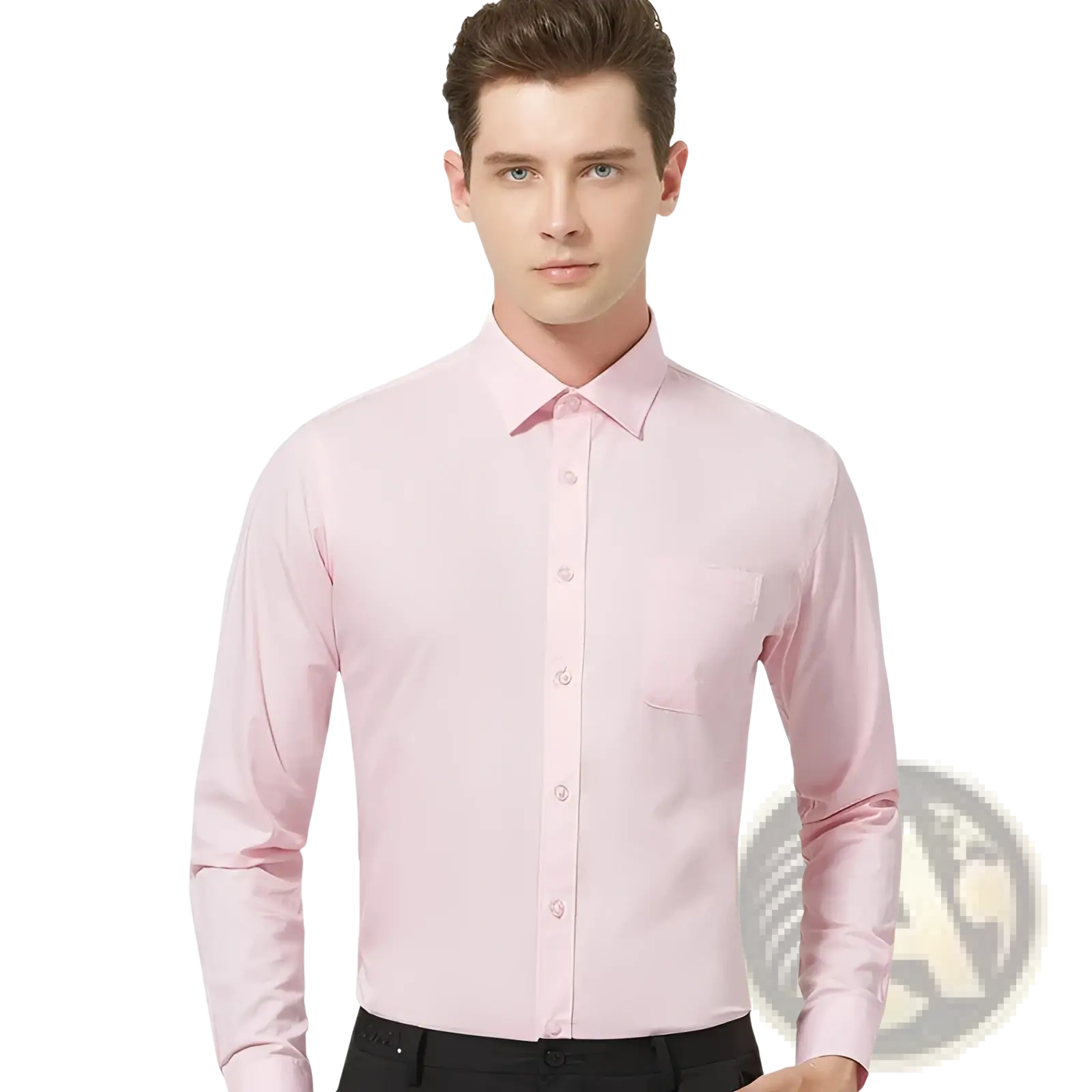 Men plus size long sleeve formal dress shirt in sleek light pink cotton with classic collar and button-down front