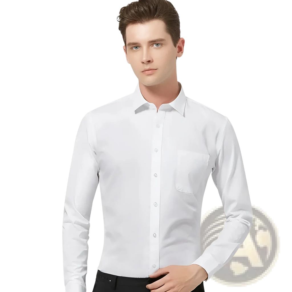 Men plus size white cotton long sleeve formal dress shirt with classic collar and button down front