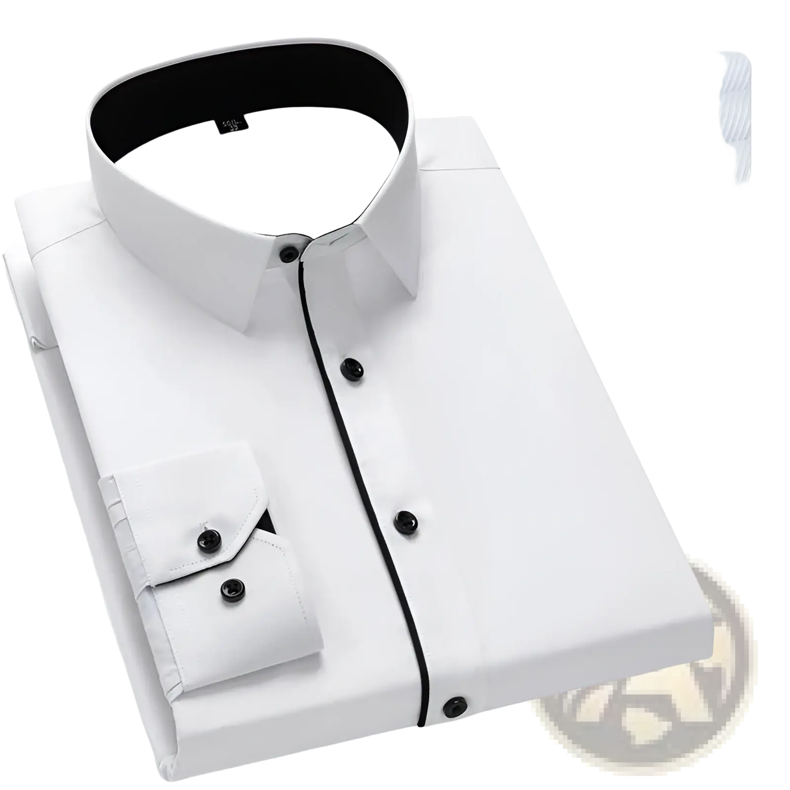 Men plus size white cotton long sleeve formal dress shirt with black trim on collar placket and cuffs