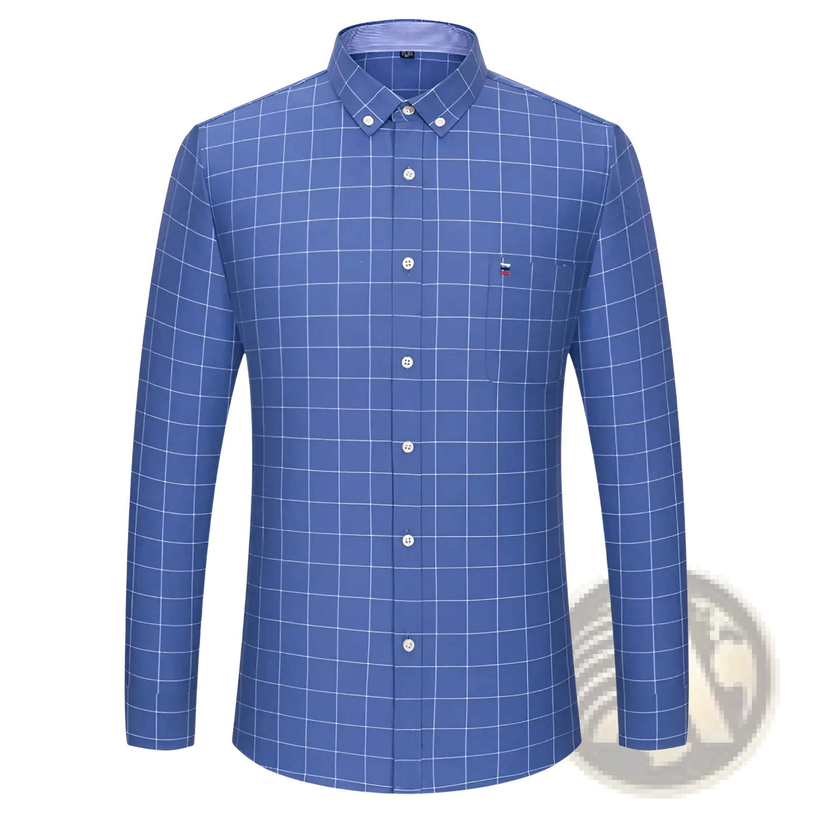 Men plus size cotton oxford plaid shirt in blue with white grid pattern and silver buttons long-sleeved button-down