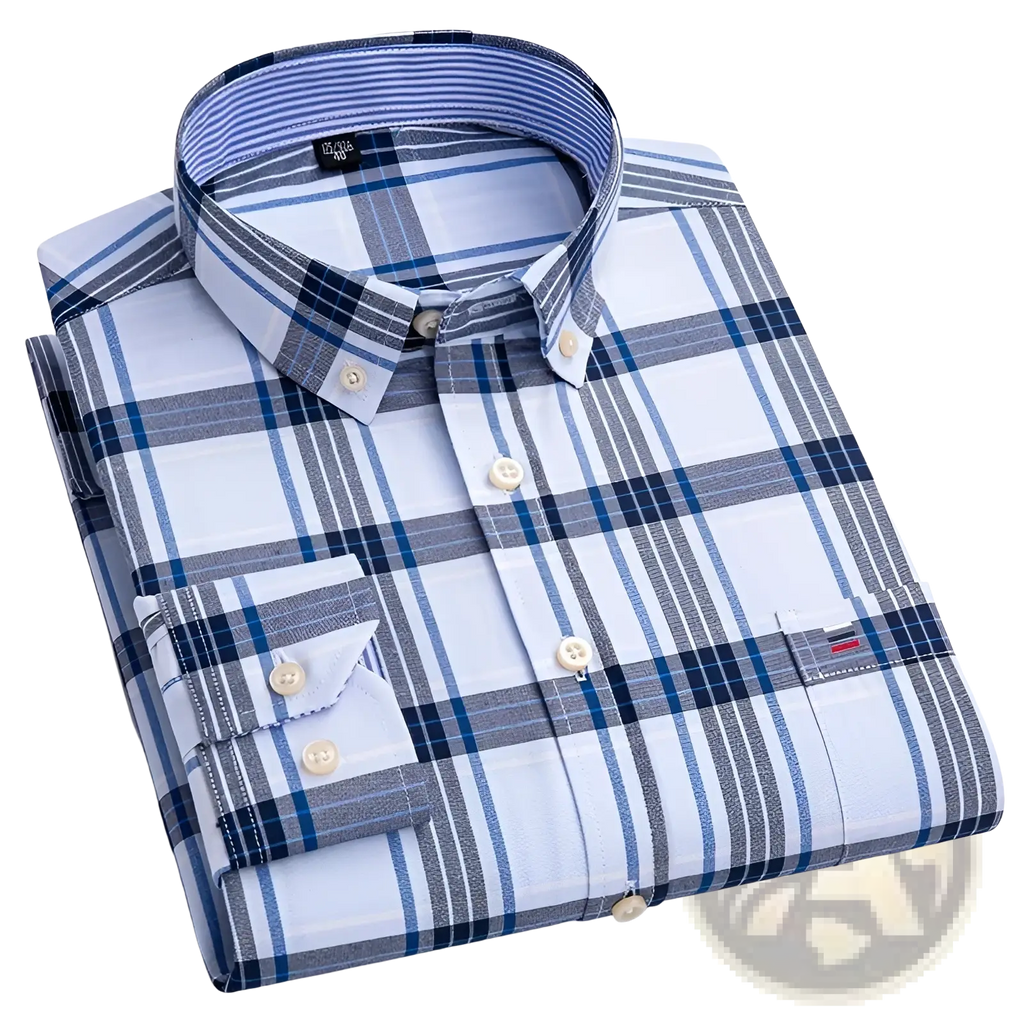 Men plus size cotton oxford shirt in blue and white plaid with collar cuffs and chest pocket