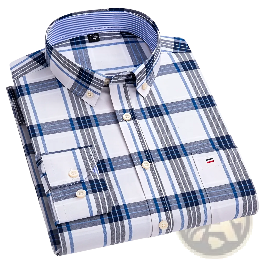 Men plus size cotton oxford plaid shirt in blue white and gray with button down front collar and chest pocket